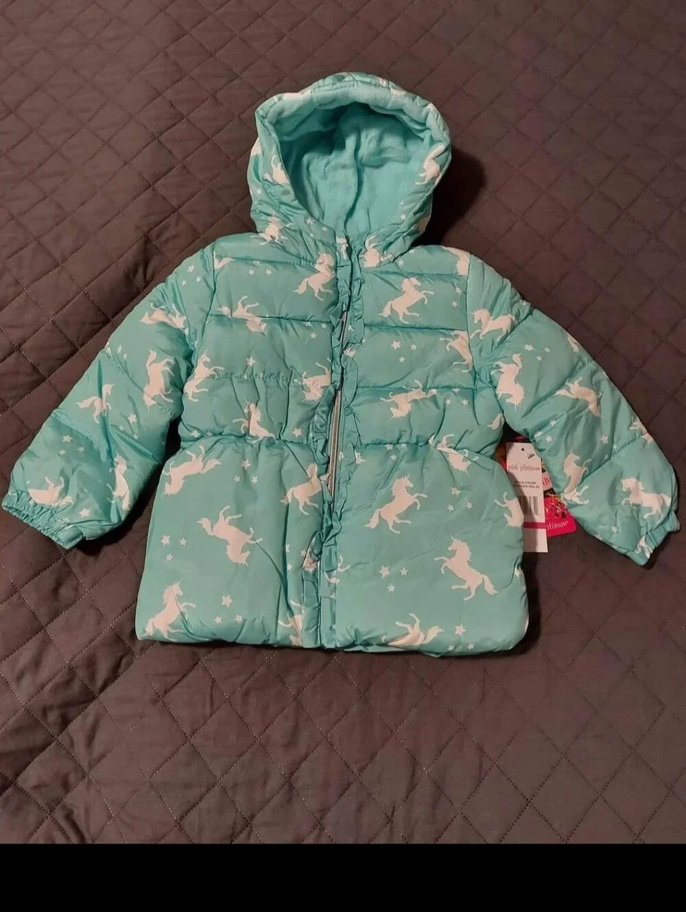 Kids Teal Unicorn Puffer Jacket with Hood